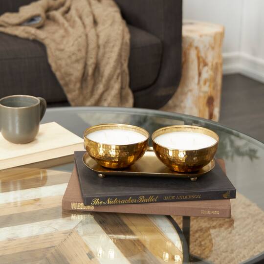 White Wax Egyptian Mint Scented Candle Set with Gold Hammered Containers and Oval Holding Tray